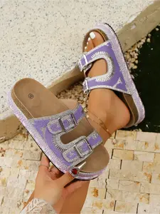 Women's Summer Fashion Thick Sole Sandals Bohemian Style Platform Slides 2026 New Trendy Rhinestone Colorful Stone Slippers O Wedge Beach Shoes Must-have for Coastal Vacation Boho Sandals