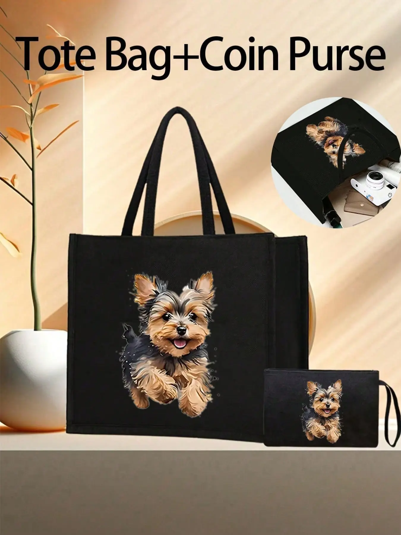 Spacious Yorkie Dog Print Handbag, Tote Bag, Fashionable Shopping Bag, Reusable Shopping Bag, Shopper Handbag, Durable Shoulder Strap, Perfect for Shopping, Gifts, Travel, School, Commuting