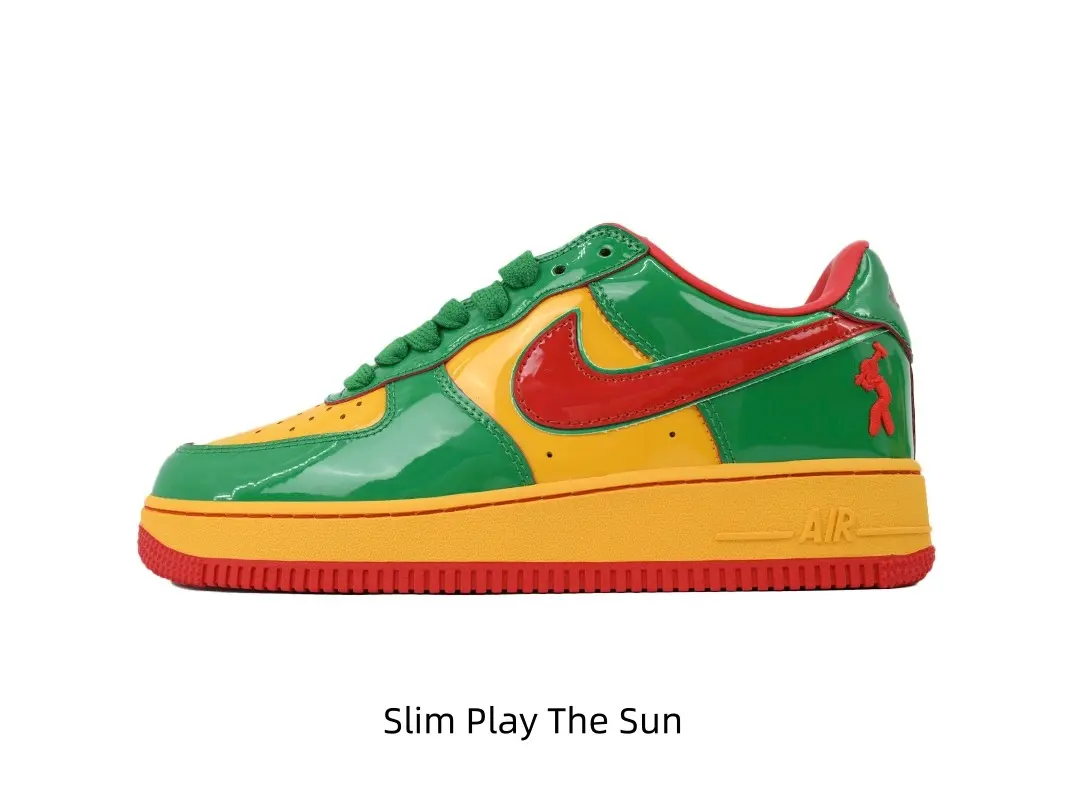 Unisex All Season Gloss Patent Leather Low Top Street Sneakers, Thick Foam Cushion Midsole, Durable Three Tone Non Slip Red Rubber Outsole, Sleek Green Yellow Red Stylish Low Cut Casual Shoes For Fest
