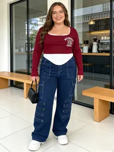 Plus Size High Waisted Denim Wide Leg Pants, Fashionable Loose Fit Jeans for All Seasons, Casual Multi-Pocket Trousers for Dating, Womenswear