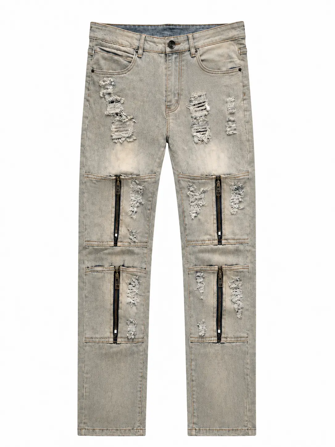 Men's vintage-wash distressed straight-leg jeans featuring zip details, rips, zippered pockets, and paneling; Y2K streetwear style.