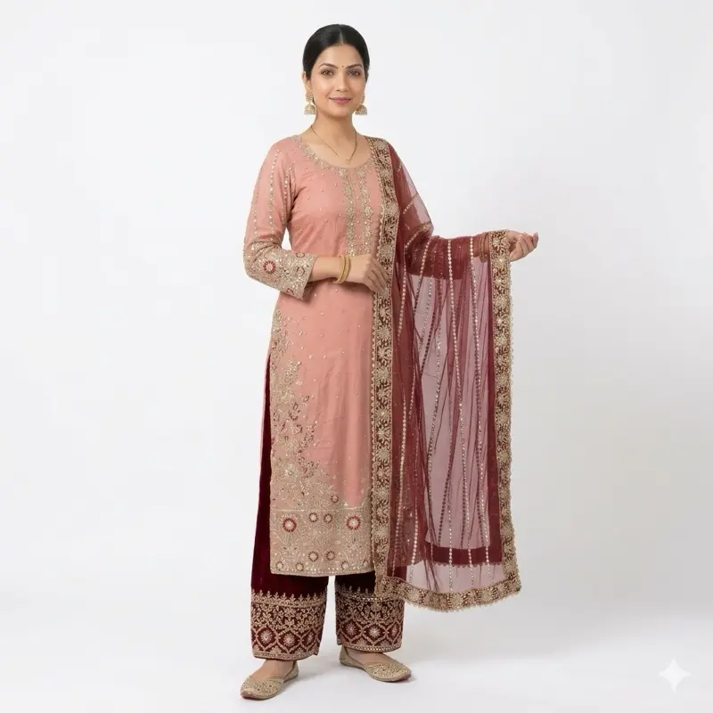 Lady's Heritage-Inspired Vintage Embroidered Casual Indian Dress Set - Heavy Trendy Silk Top, Faux Georgette Palazo, Dupatta, Lace Accents, Elegant Colorful Design, Basic Fabric Clothes, Heritage-Inspired Casual Dresses, Vintage Embroidered Casual Dresses
