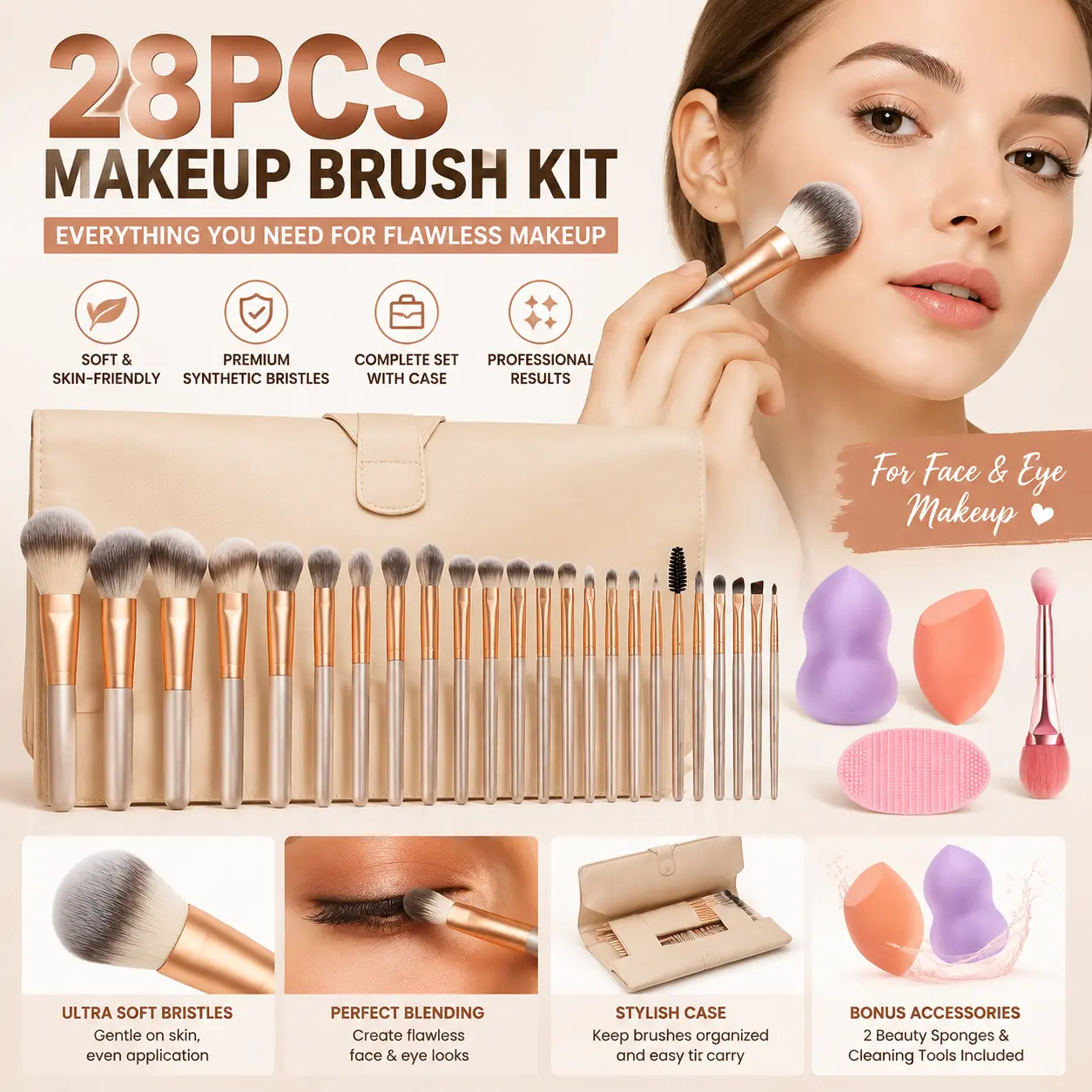 28PCS Makeup Brush Set with Case, Soft Synthetic Makeup Brushes Kit with Beauty Sponges for Face, Eye and Daily Makeup