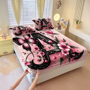 3Pcs Aesthetic Pink Black Butterfly Floral Letter A Fitted Sheet Set Multi Size Deep Pocket Soft Cozy Breathable Microfiber for Bedroom Dorm Teens Girls Dorm Room Gift