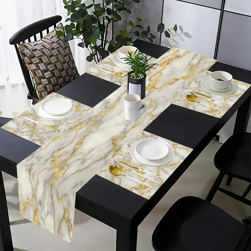 5-piece/7-piece set of table flags and placemats, washable, modern abstract beige white marble art table flag and placemat set, suitable for wedding festivals, indoor and outdoor party decorations, kitchens, family gatherings, gifts, party supplies