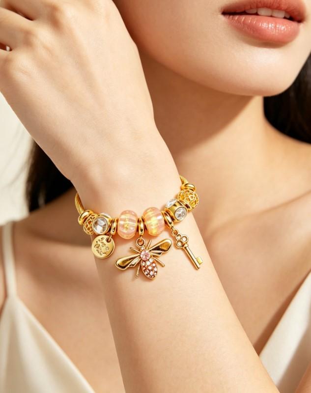 Gold Twisted Cable Bangle Bracelet, Pink Murano Glass Beads Charm Bracelet with Crystal Bee, Key & Engraved Coin Pendant, Sweet Fashion Jewelry Gift for Women Girls