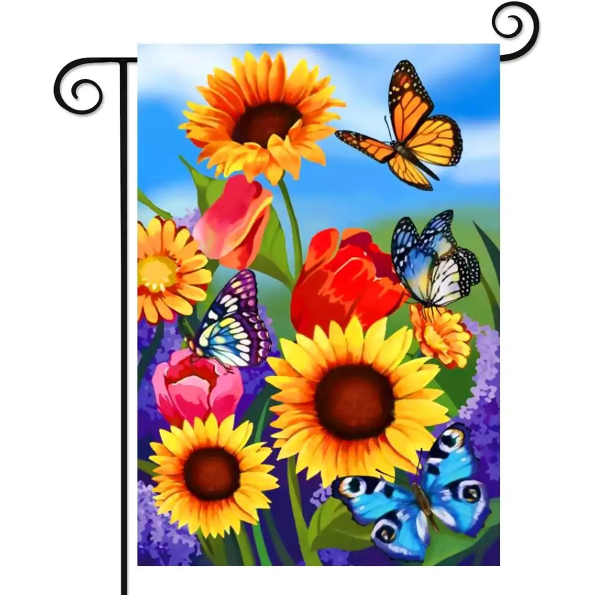 12x18in Double-Sided Sunflower Tulip Floral Butterflies Garden Flag, Painterly Art Spring Summer Wildflower Outdoor Banner, Home Supplies Festive Yard Decor for Porch Decor Patio/Porch, One-Piece