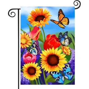 Sunflower Tulip Butterfly Garden Flag 12x18in, Double-Sided Spring Summer Floral Yard Decor, Vibrant Wildflower Outdoor Banner for Patio Porch