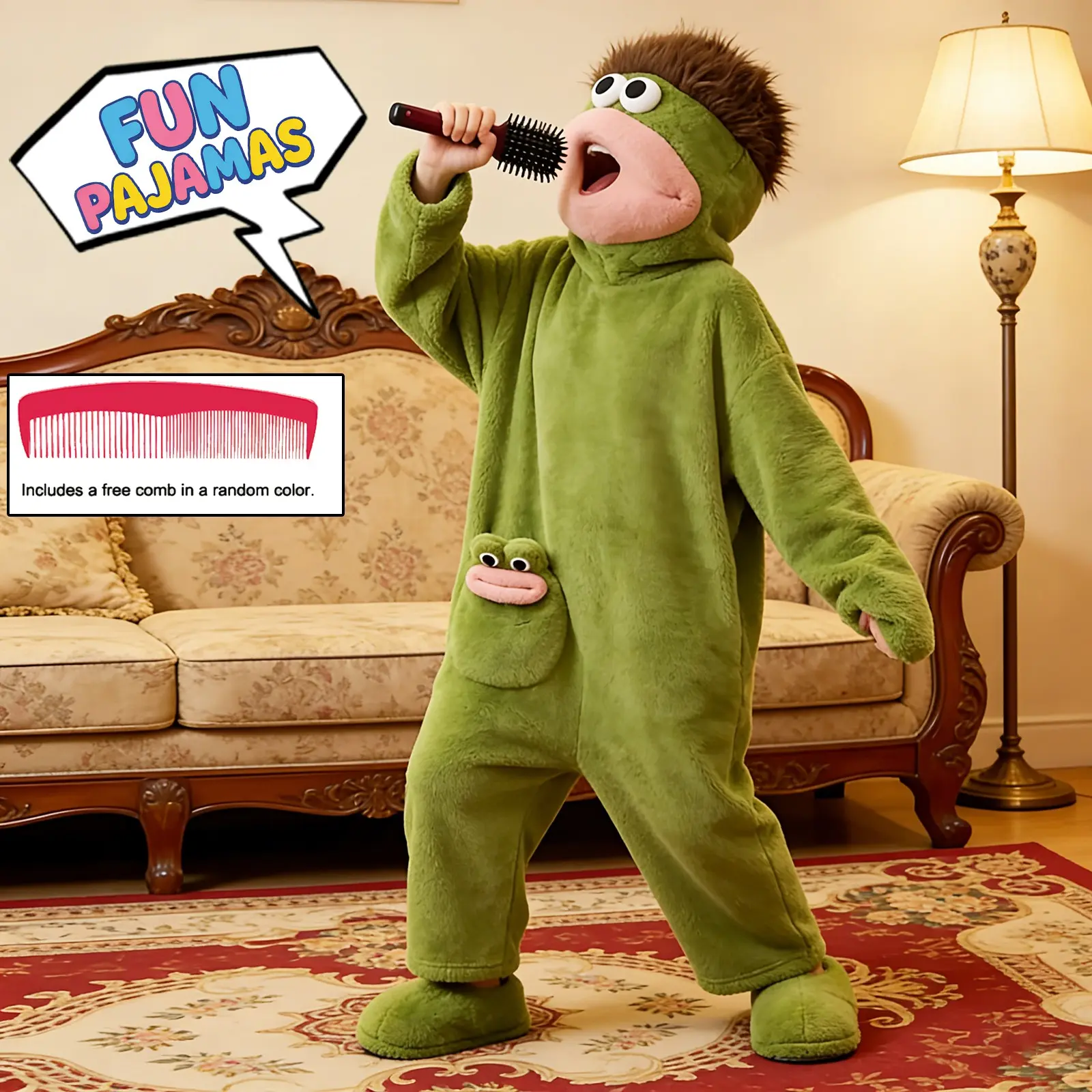 Funny Onesie Set, Large Mouth Monster Loose Hooded Flannel Pajamas, Home Comfort Sleepwear, Party Fun - 3 Piece Set Includes Robe + Comb + Shoes