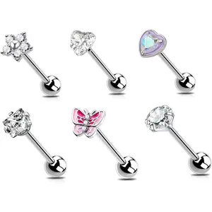 6Pcs Surgical Steel CZ Tongue Rings Sparkling Round Heart Flower Pink Butterfly Tongue Barbell Tongue Piercing Jewelry for Women
