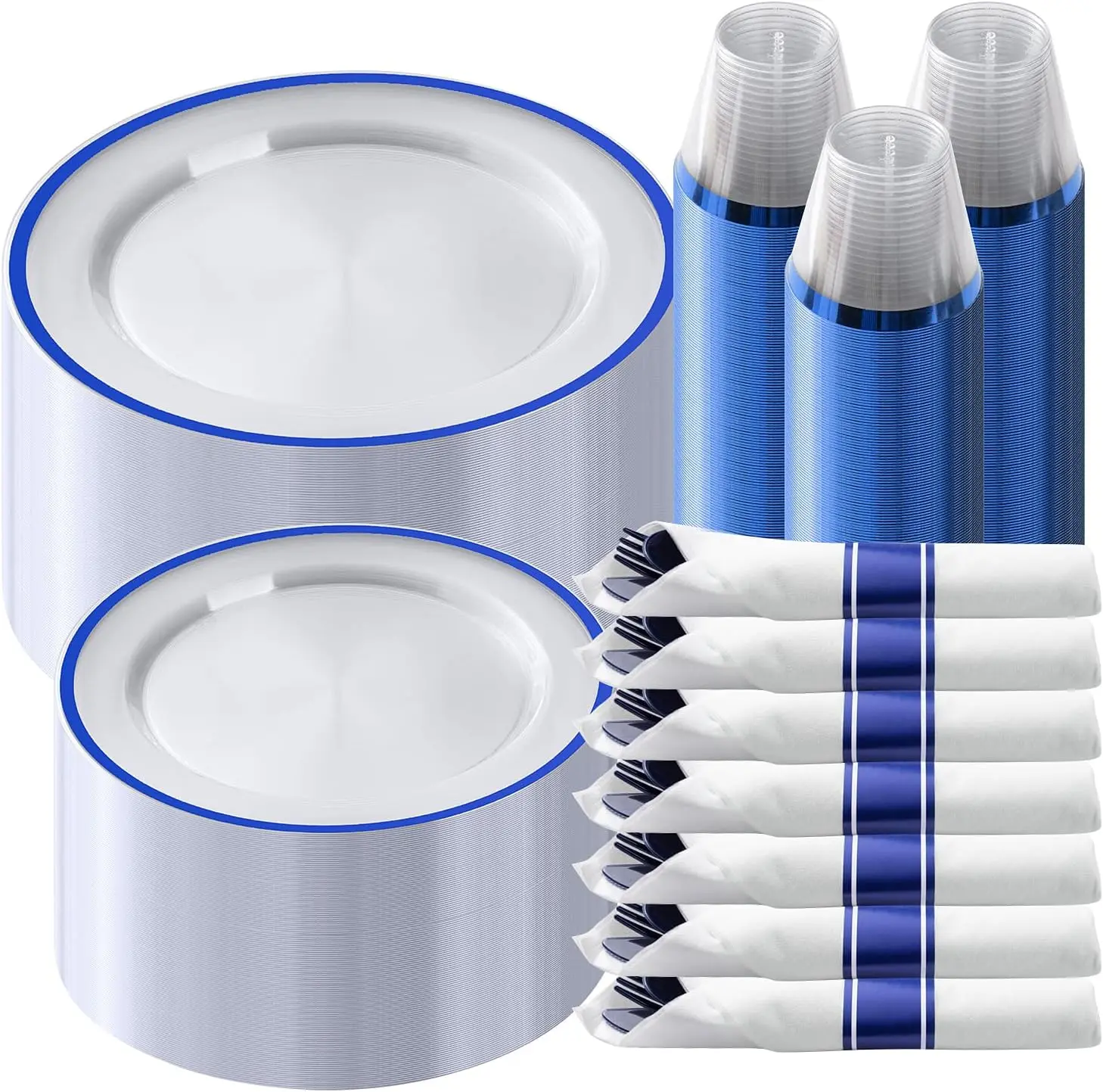 175 Piece Dark Blue Plastic Dinnerware Set for Party, Clear Disposable Plates for 25 Guests, Include: 25 Dinner Plates, 25 Dessert Plates, 25 Pre Rolled Napkins with Cutlery Set, 25 Cups