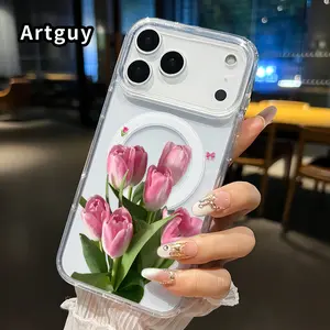 Magnetic Soft Phone Case for iPhone 17 16  Pro Max Plus 15 14 13 12 11 Air E Blush Tulip Charm Pattern Anti-Yellowing Shockproof ultra-thin Silicone Crystal Transparent Acrylic Large Hole Cover Supports Wireless Charging