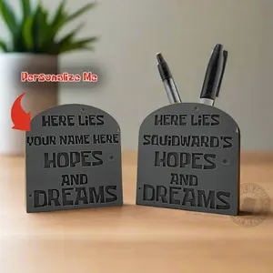 Personalized Funny Desk Sign "Here Lies My Hopes & Dreams" Retro Cartoon Plaque Custom Name Gift Handmade 3D Printed Eco-Friendly PLA 4"x3.5" Made In Tucson Arizona Home Office Decor - Spooky