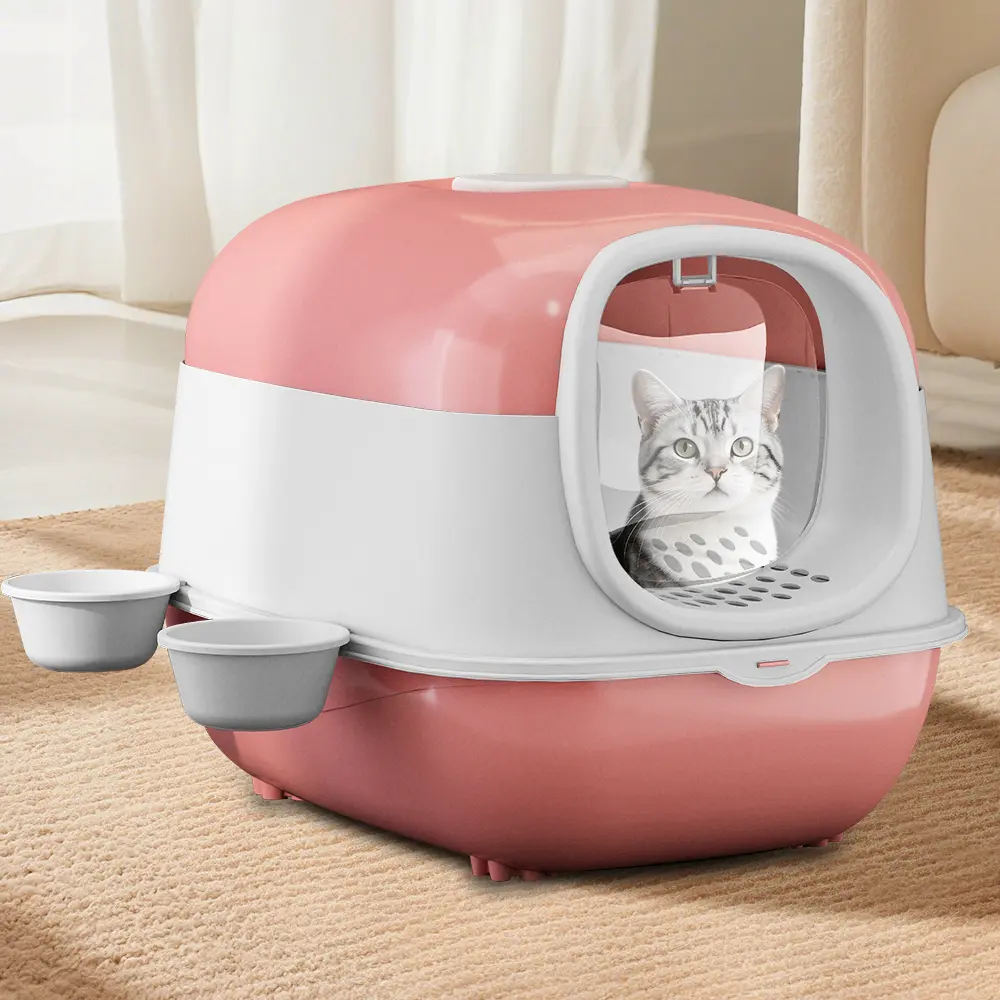 Enclosed Hooded Cat Litter Box with 2 Detachable Food Bowls, 180 °   Wide Open Easy Clean Covered Cat Toilet, Anti-Splash Large Litter House with Foot Step for Kittens & Adult Cats