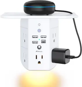 3-Sided Multi Plug Power Strip, Wall Extender with Shelf, Night Light & Surge Protector, USB Wall Charger with 5 AC Wide Space Outlets and 3 USB & 1 C Port, White