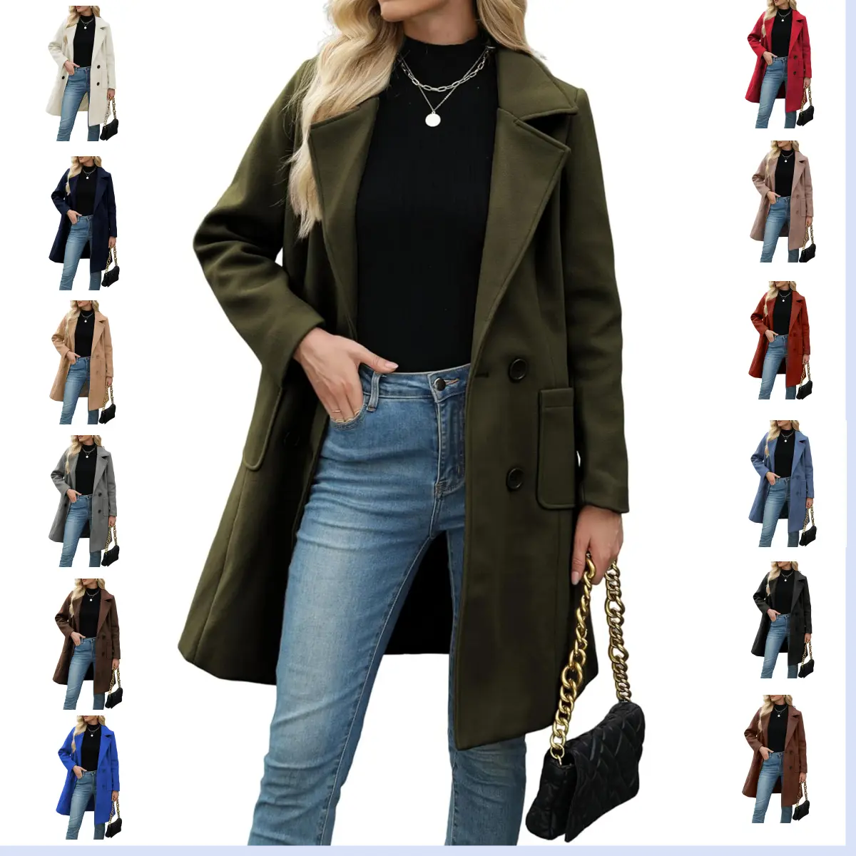 Foina Jolin's Women Elegant Notched Lapel Double Breasted Long Coat Overcoat Fall Winter Outerwear