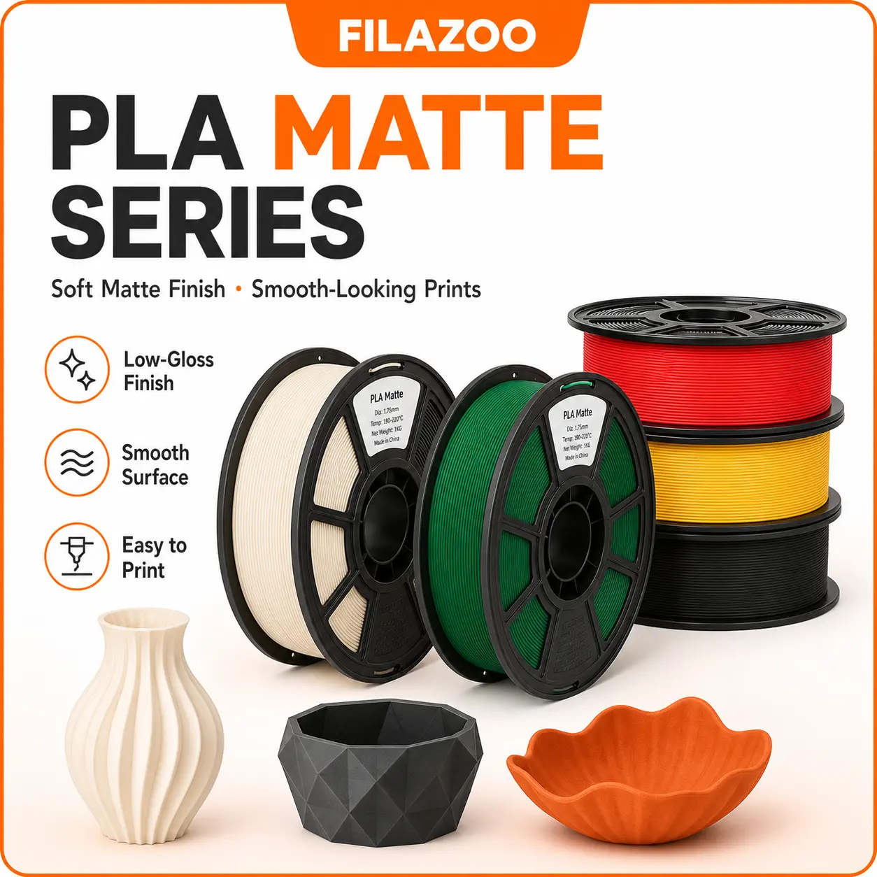 FILAZOO Matte PLA Filament 1.75mm, 1KG Spool, Low-Gloss 3D Printer Filament with Smooth Finish, Easy Printing and Strong Layer Adhesion for FDM Printers, DIY Models, Home Decor, Prototypes and Crafts
