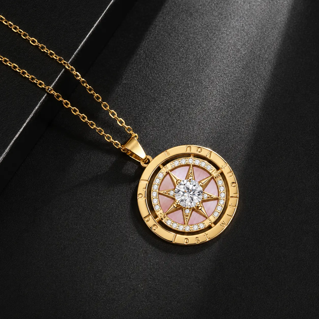 14K Gold-Plated “Lost Without You” Pink Mother-of-Pearl Compass Necklace—a stylish women's necklace perfect for everyday wear and as a gift for any occasion