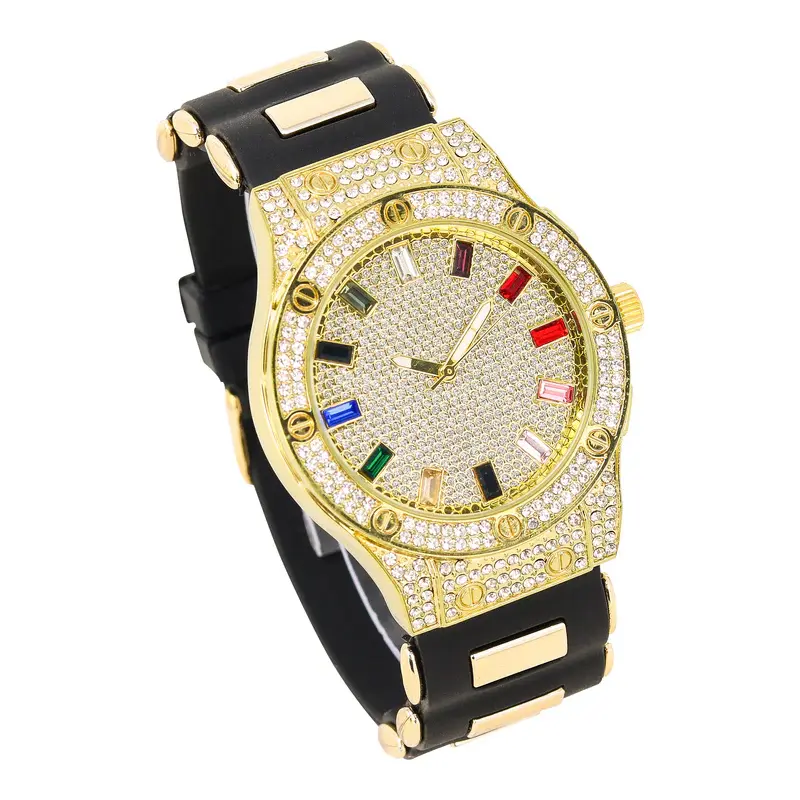 MaxBling81 Unisex Bling Quartz Watch - 43x43mm Round Dial, Gold-Silver Tone, Multi-Color Stones, Silicone Band, Hip Hop Fashion Accessory, Bling Quartz Watches