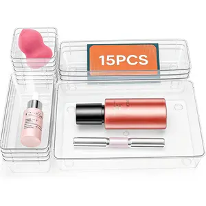 15 Pack Clear Plastic Drawer Organizer Set - 4 Sizes Makeup  Organizer Chest of Drawers Storage Stackable Organizers Bins Divider Box for kitchens, Bedrooms, Bathrooms, Offices, Junk, Gadgets