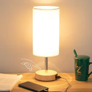 Yarra-Decor Bedside Table Lamp with USB Port - Touch Control for Bedroom Wood 3 Way Dimmable Nightstand Lamp with Round Flaxen Fabric Shade for Living Room, Dorm, Home Office (LED Bulb Included) Modern