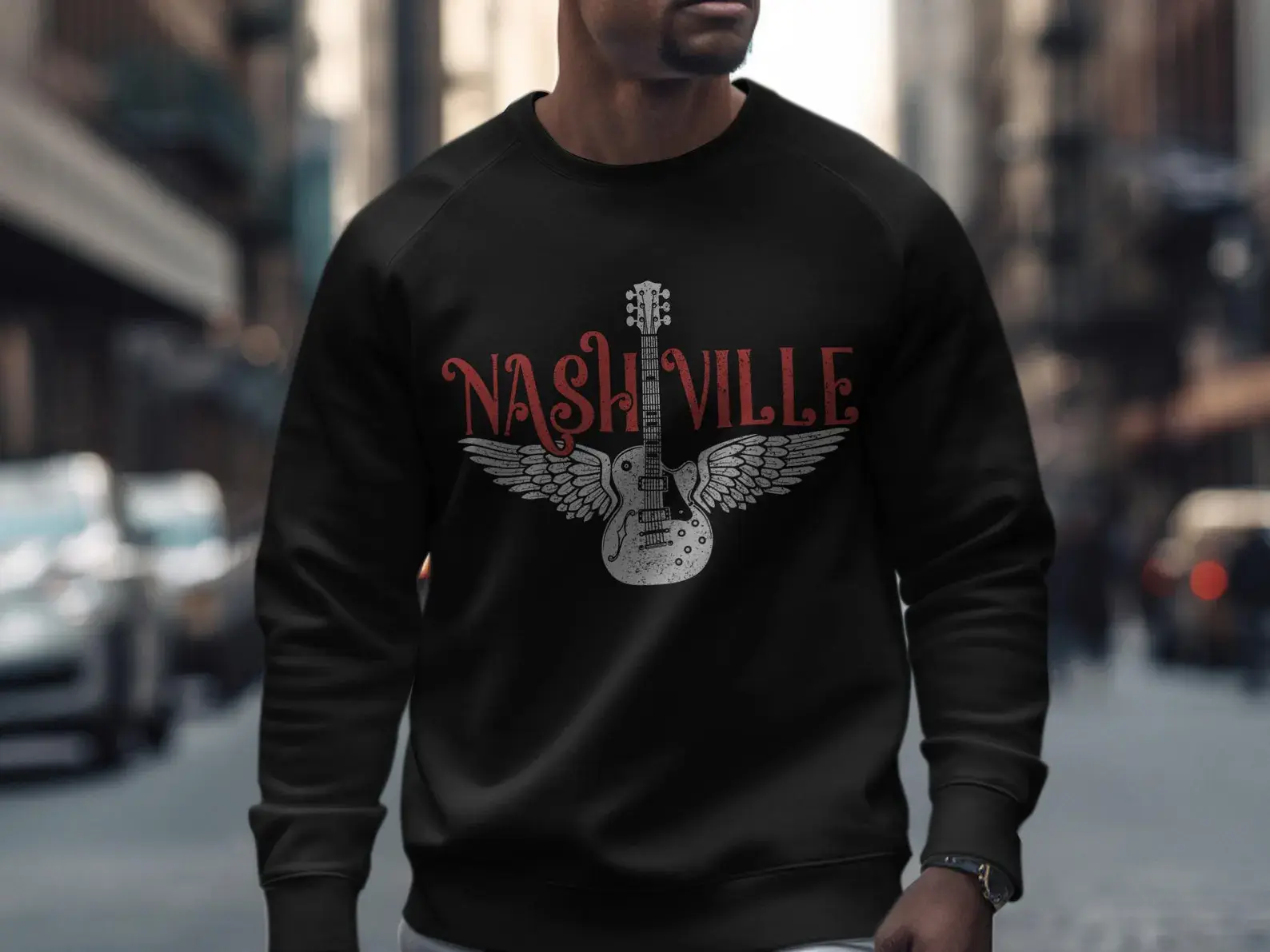 Men's Unisex Nashville Guitar Wings Crewneck Sweatshirt - Soft Cotton Fabric, Casual Distressed Country Music Fan Garment, Music City Gift, Versatile Tee T-Shirt Alternative