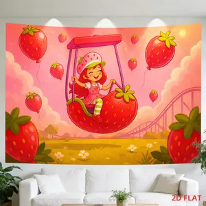 A strawberry-themed tapestry depicting a girl on a swing in an amusement park, holding a balloon in her hand, perfect for decorating living rooms, meditation spaces, offices, or party decorations