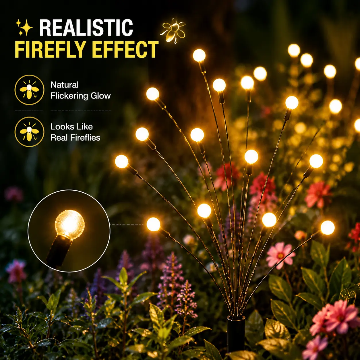 2-Pack Outdoor Solar Firefly Decorative Lights, 8-LED Waterproof Pathway Fixtures with Flickering Effect for Garden, Patio