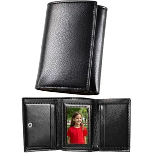 Trifold Wallet Men Women Soft Leather 4 Card Holder 2 Money Pockets with Photo Window Father or Kids Gift