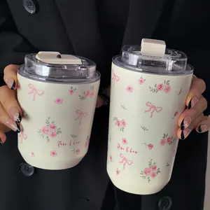 Bowknot Small Floral Stainless Steel Insulated Cup, Insulated Mug, 280ML-380ML Dual-Layer Thermos Bottle, Ideal for Gym Office Home Travel Gifts, Drinkware