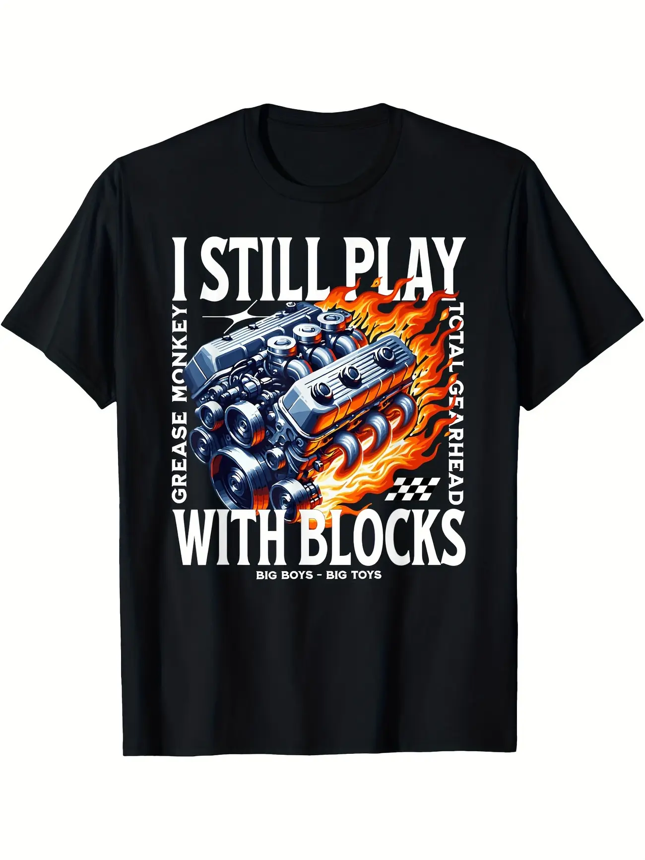 Men's Round Neck Short-Sleeve T-Shirt - Menswear Tops with "I Still Play With Blocks" Car Mechanic V8 Big Block Gearhead Print for Summer, Shortsleeve, Car Mechanic Theme, Double Needle, Casual, Dad