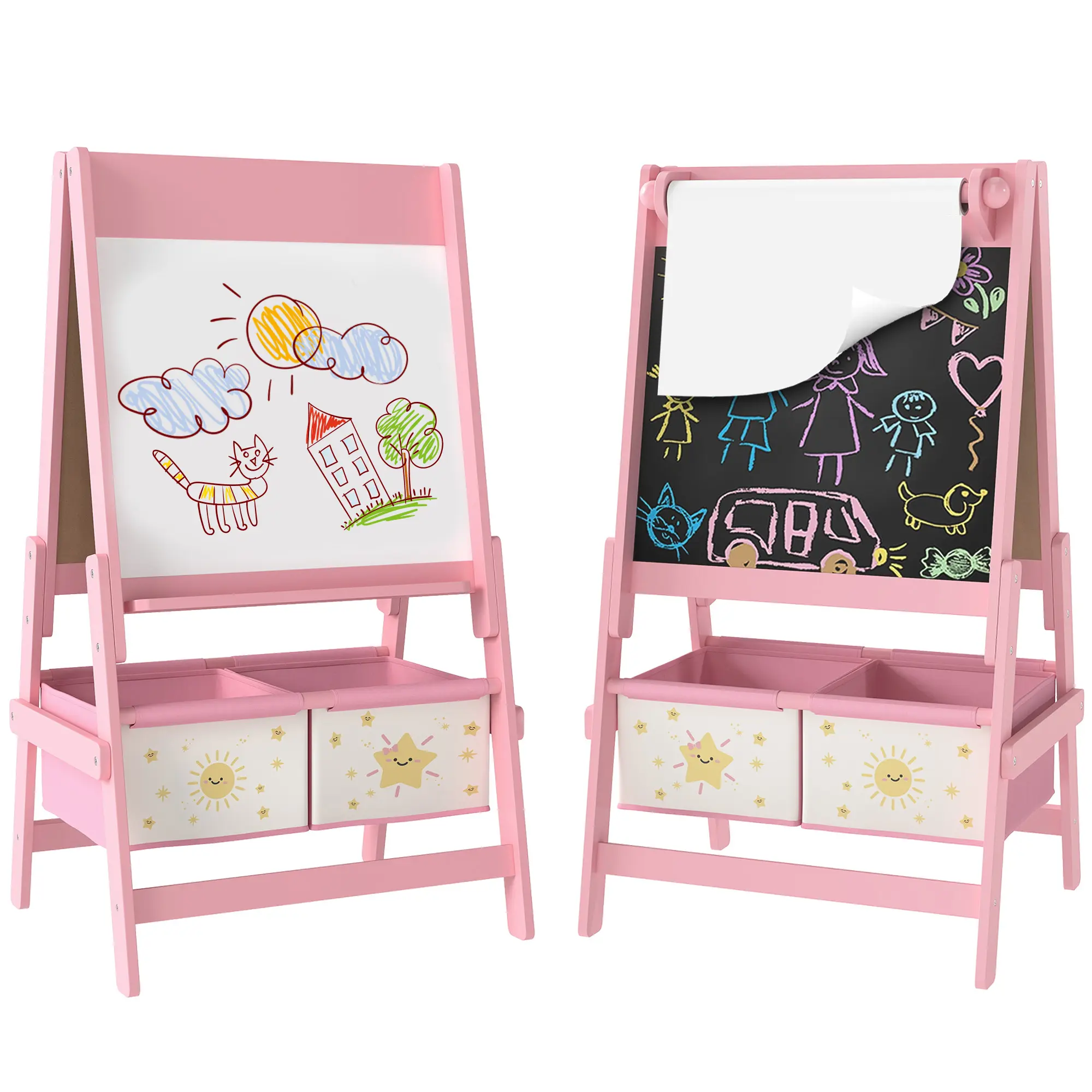 Art Easel, Double-Sided Whiteboard & Chalkboard with Paper Roll & Storage Baskets – 3-in-1 Design for Chalk, Markers & Paper. 2 Storage Baskets Keep Supplies Organized. Adorable Star Theme. Stable A-Frame. Pink. Ages 3-8. 21.3"L x 18"W x 37"H