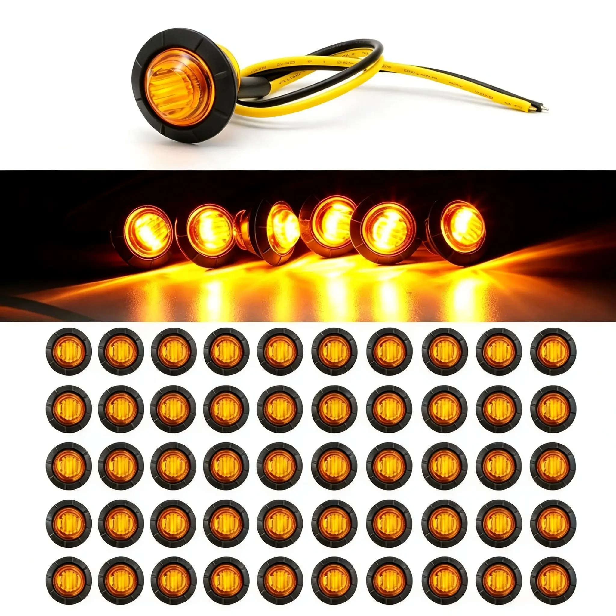50 Pcs Amber LED Mini Round Rubber Trailer Side Markers - 3/4" 12V DC Waterproof Sealed Dustproof Easy Install Long-Lasting Automotive Indicator Lights Truck Accessories, Led Lights, Signal Light