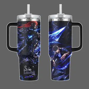 Sung Jin-Woo Solo Leveling Arise Anime Tumbler With Handle, Shadow Monarch Blue Energy Wrap Design Stainless Steel Insulated Travel Mug 20oz 40oz