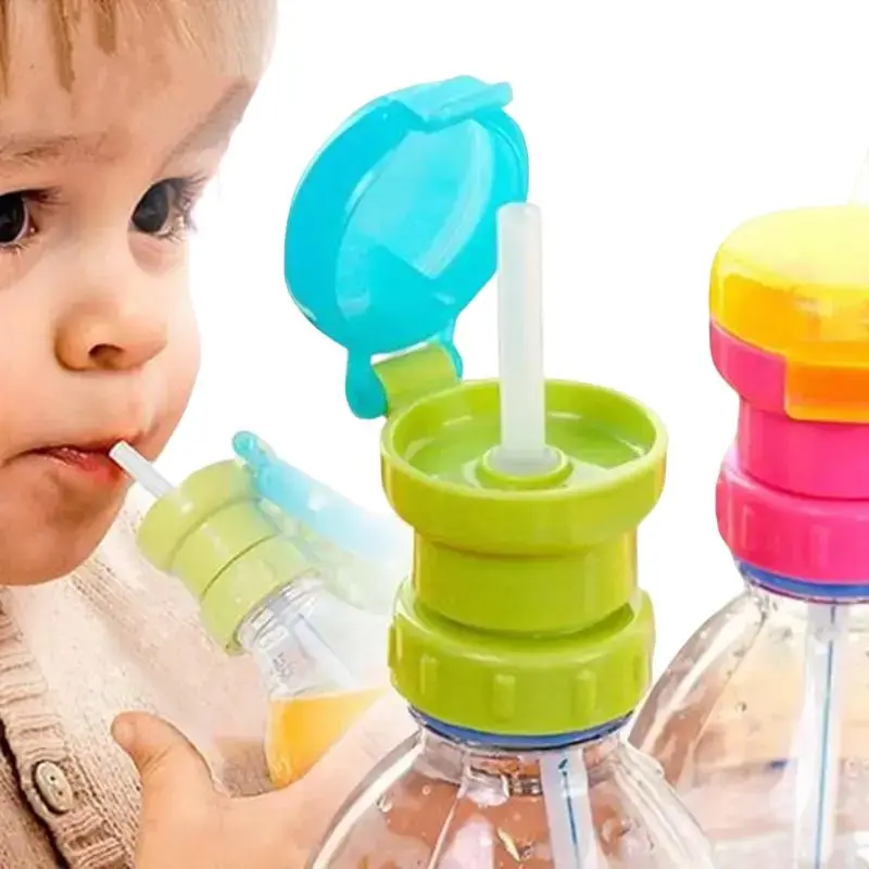 Cute Kids Anti-Spill Beverage Bottle Cap with Straw Tip, Reusable Drink Bottle Lid for Soda & Juice, Travel Sippy Cup Accessory, Green Drinkware Gift, Bottle Caps