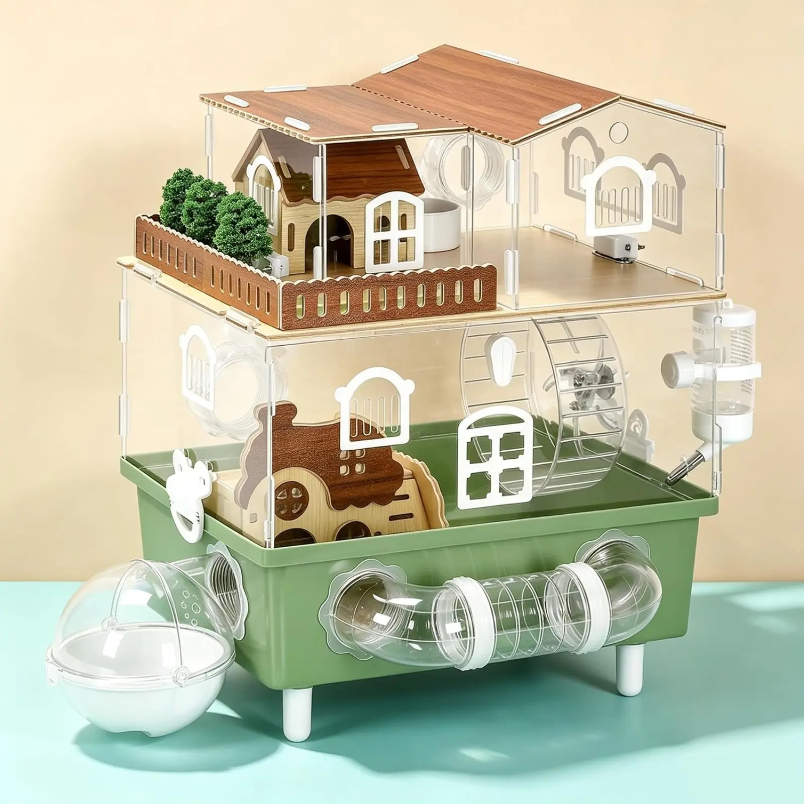 Acrylic Hamster Cage Hamster Habitats with Running Wheel & All Accessories, 13.3"L x 9.8"W x 17.4"H Clear Dwarf Hamster House 2 Tier Small Animal Cages for Syrian Gerbils Hamster, Pet Mice