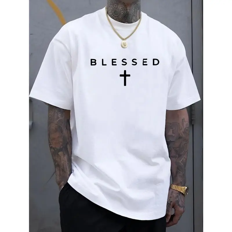 Men'S Casual Crew Neck T-Shirt with Cross & "BLESSED" Letter Print, 100% cotton Knit Fabric, Regular Fit Short Sleeve Tee for Summer, Comfortable & Versatile Weekend Casual Wear, Everyday Tshirt |         Sleek Black Tee |         Lightweight Fabric summe