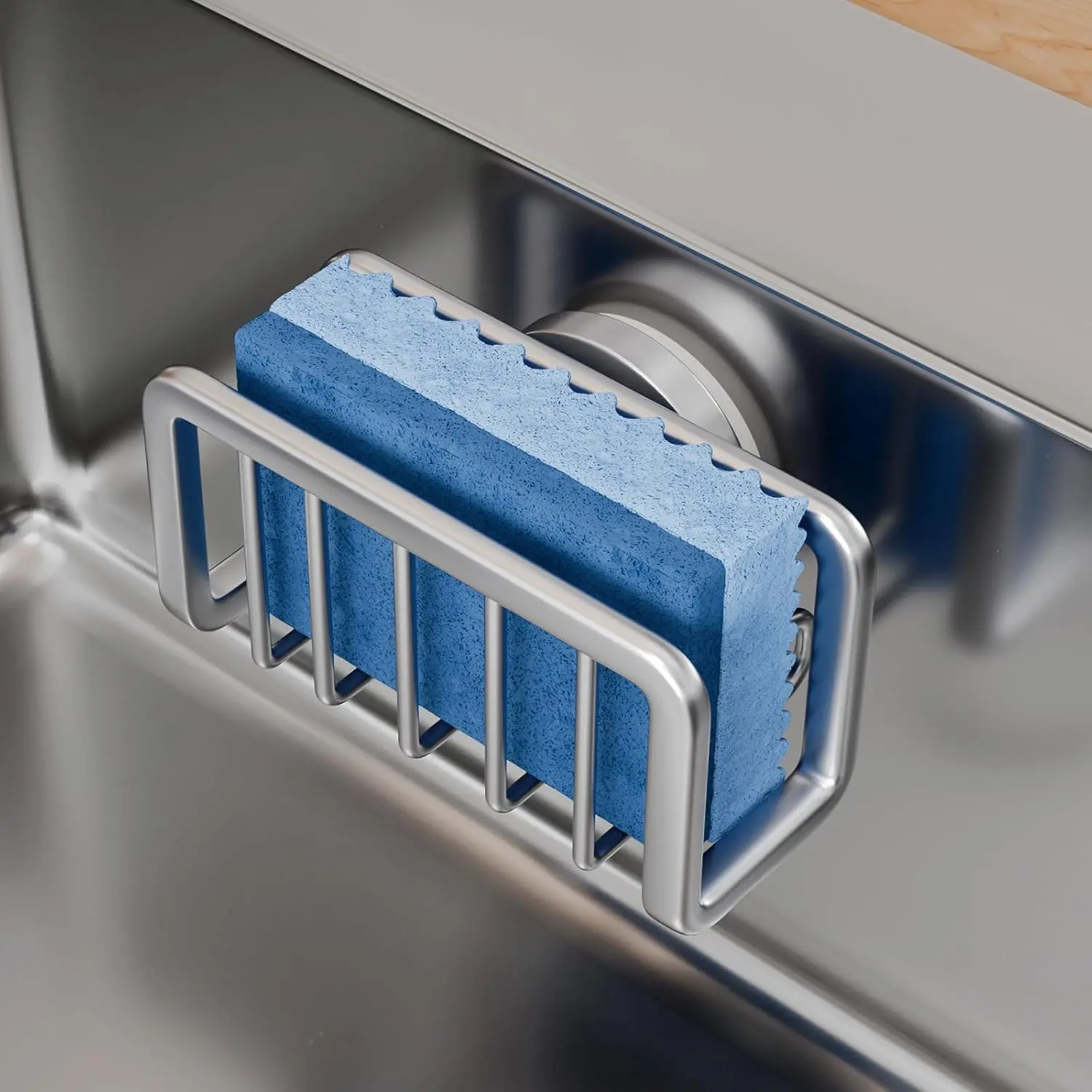 TAILI Sponge Holder for Kitchen Sink with Strong Suction Cup, Rustproof Aluminum Sink Caddy for Sponges, Removable Sponge Holder, Dish Brush for Scraper - Silver