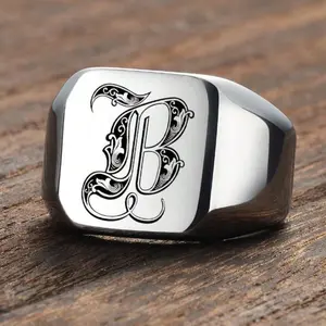 Men’s square initial letter silver-tone ring set with 26 uppercase letters — perfect gift for a lover, friends, boyfriend, or for Father’s Day and birthdays