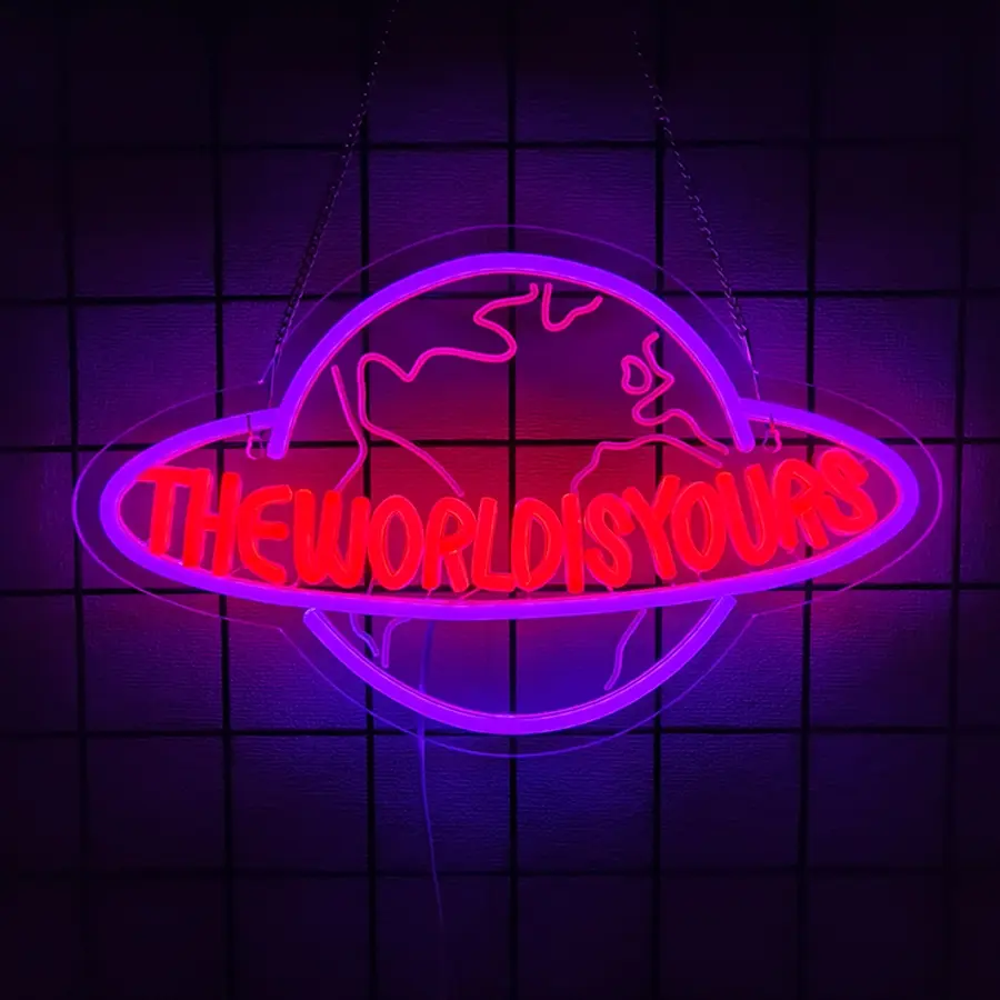 The World is Yours- Neon Sign   Planet  Neon Light Lamp for Wall Decor, Indoor Lighting, Decor Lighting, Man Cave Home Bar Game Room Bedroom Birthday Gift Graduation Par Led Neon Sign Home Decoration Lamp, decorative lamps