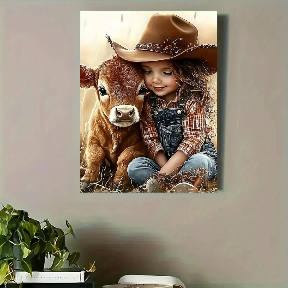 Rustic Cowgirl & Calf Farm Scene Canvas Art - Thick Wooden Framed, Hand-Stretched Oil Painting with Country Charm for Living Room, Nursery, Youngsters Room, Home Office & Classroom Decor, Ready to Hang, 2D, Perfect for Room Decor Ornaments Wall
