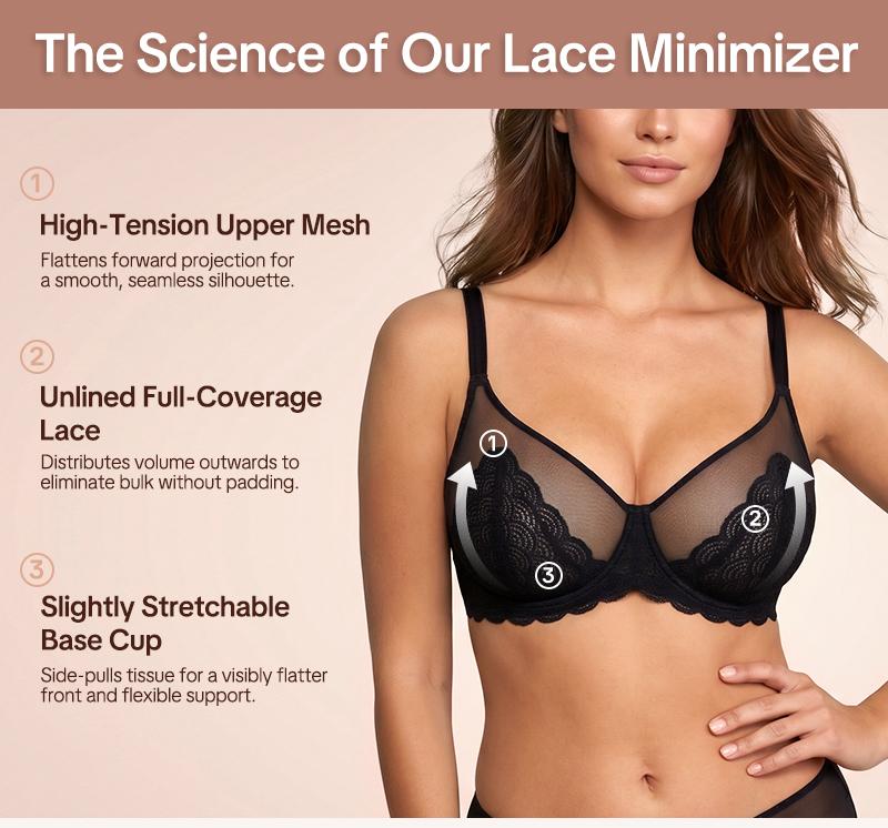【2 PACK】HSIA Mermaid Scales Unlined Plus Size Full Coverage Underwire Support Minimizer Bra Elegant Non Padded Sheer Lace Breathable Mesh Adjustable Comfort Straps Lift Bra Back Smoothing Daily Lingerie for Big Bust Women