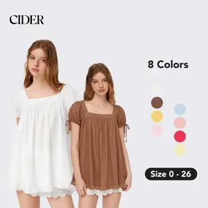 Cider Square Neck Solid Ruffle Knotted Short Sleeve Blouse - Casual Summer Top with Puff Sleeves and Fitted Fit