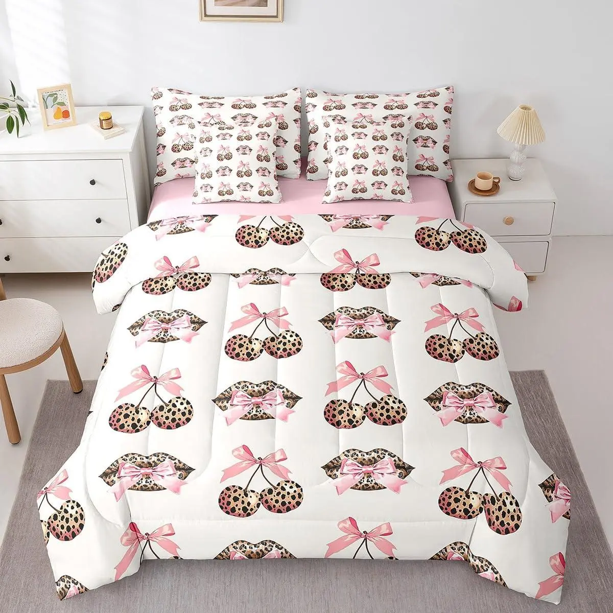 Feelyou 7-Piece Pink Leopard Bow Luxury Microfibre Queen Quilt Bedding Set - Queen Bed-in-A-Bag with Flat Sheet, Fitted Sheet, for Coquette Princess Girls, Room Decor, Aesthetic Room Decor, Leopard Print, Bedding Sets