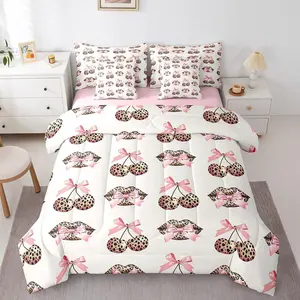Feelyou 7-Piece Pink Leopard Bow Luxury Silk Comforter Set, Queen Size Bed-in-A-Bag with Flat Sheet, Fitted Sheet for Girls, Coquette Princess Bedding