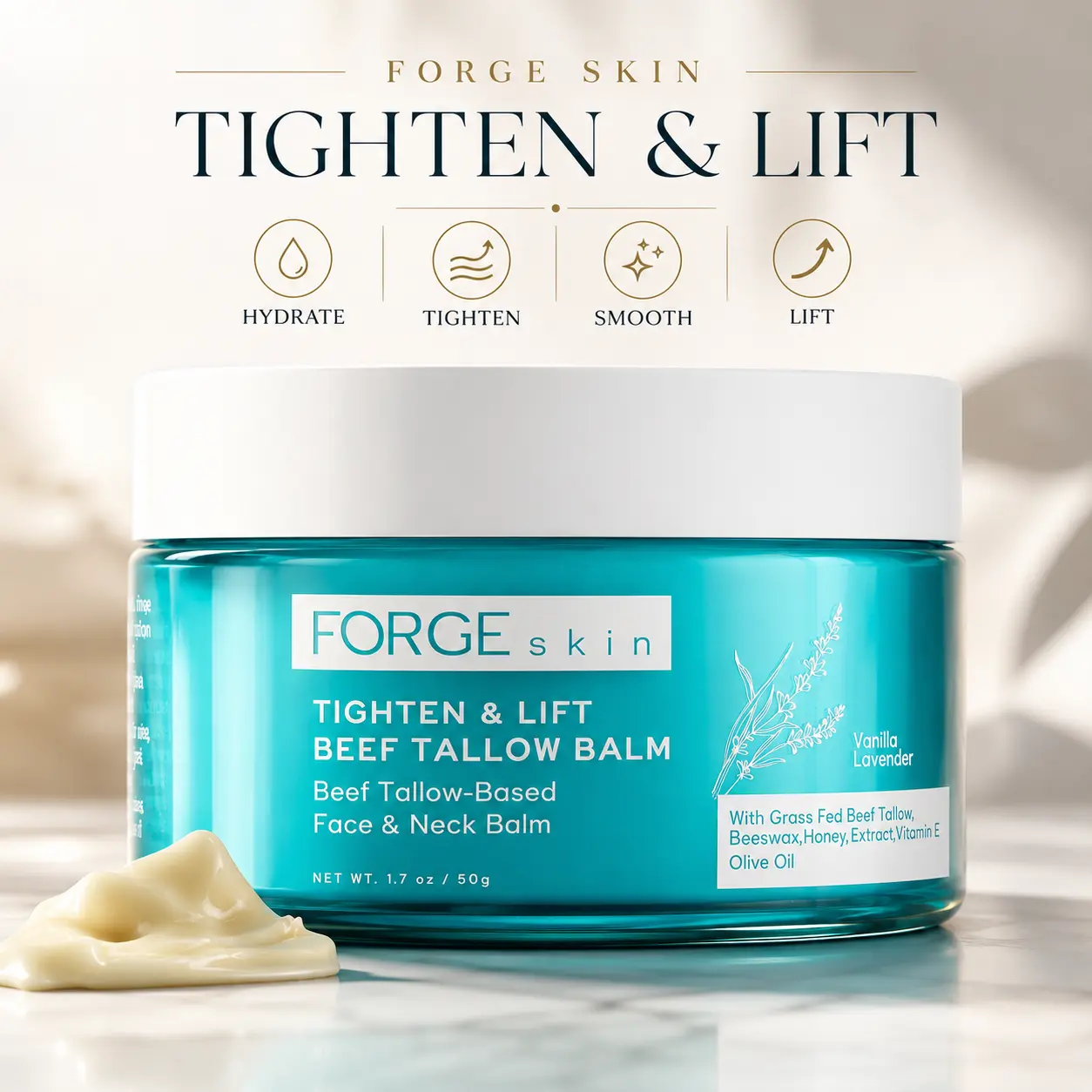 FORGE SKIN Tighten & Lift Beef Tallow Balm - Hydrating Moisturizer with Beeswax for Dry Skin & Skincare Nourishing Blend of Honey, Olive Oil & Vitamin E Smooth Firming Lotion Deep Moisturizing Body Butter Body Care Products Anti Aging Support