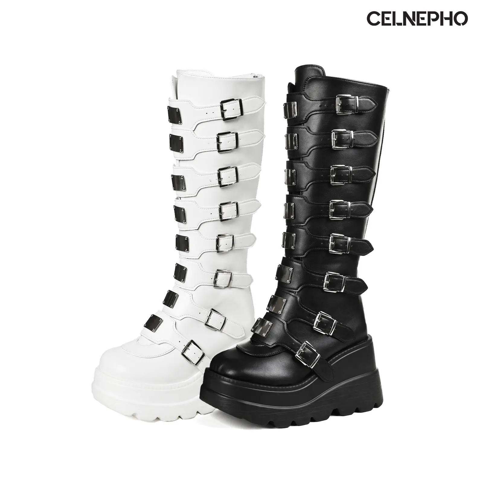 CELNEPHO Platform Boots for Women Round Toe Chunky Wedge Heel Goth Boot Metal Buckle Design Platform Boot Back Zipper Closure Easy Pull on Combat Boots Costume Party Punk Summer Date Dress Shoes