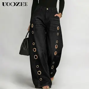 UOOZEE Women's 2026 New High-Waist Buttoned Geometric Hollow Pocket Loose Cotton Denim Trousers, Spring-Summer Casual Street Style Festival Bottoms with Eyelet Cutouts (Waist Runs Small - Check Size Guide or Order Larger) - Pair with Blouse, Polyester, Ba
