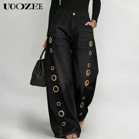 UOOZEE Women's 2026 Fall Vintage Wide-Leg Jeans - High-Waist, Buttoned, Geometric Hollow Pocket, Loose Cotton-Polyester, Street Style, Eyelet Cuts, Bold Denim, Fashion Statement Casual Festival Wear Bottoms