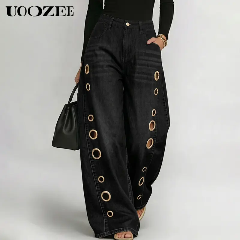 UOOZEE Women's 2026 Fall Vintage Wide-Leg Jeans - High-Waist, Buttoned, Geometric Hollow Pocket, Loose Cotton-Polyester, Street Style, Eyelet Cuts, Bold Denim, Fashion Statement Casual Festival Wear Bottoms